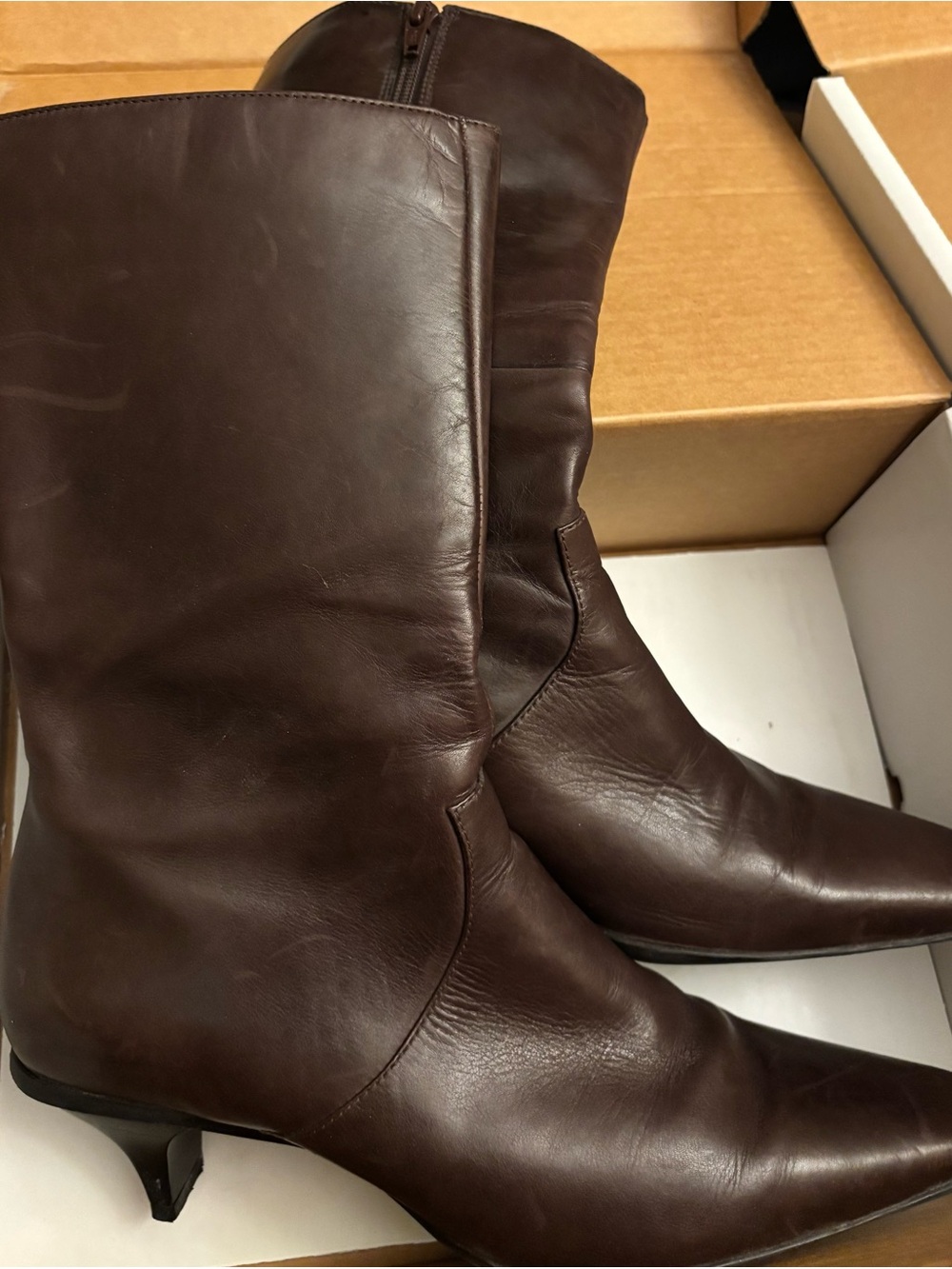 Carlos Santana Brown Leather Mid-Calf Heeled Boots